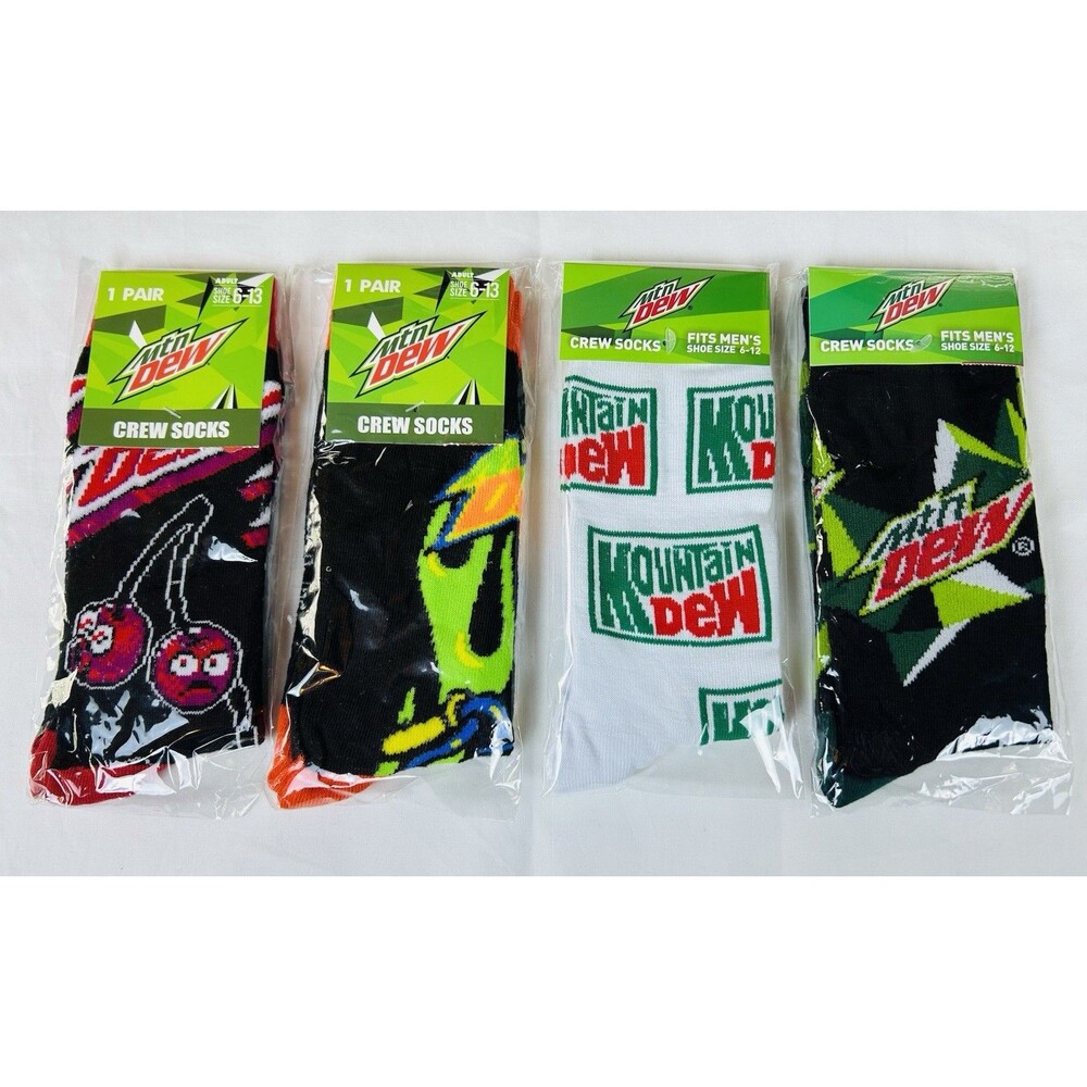 Mountain Dew Soda Crew Socks Men's Size 6-12/13 Novelty Fun Colorful Lot/4 New